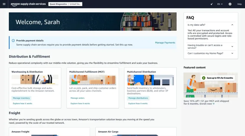 Supply chain console: “Welcome, Sarah” home page